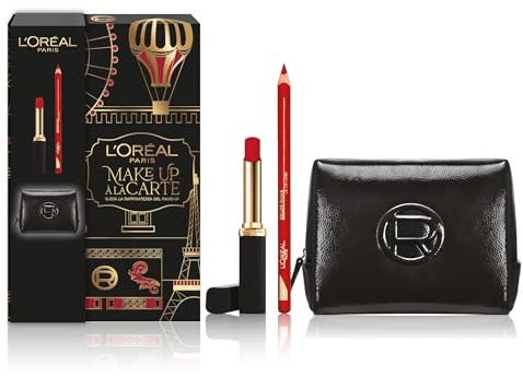 L'Oréal Paris Kosmetiktasche zum Schminken à la Carte mit rotem Volumen-Lippenstift Color Riche Intense Volumen Matte und Lippenstift, für aufgefüllte Lippen, mit elegantem Kosmetikkoffer aus