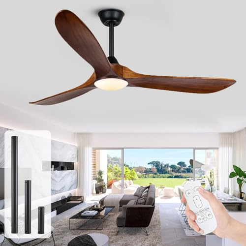 OUENGK 60 ventilador de techo con luz y mando a distancia, ventilador techo exterior terraza, 3 palas de madera reversibles, 6 velocidades con función de temporizador, Silencioso y de bajo consumo