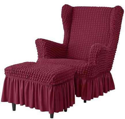 JHLD Ohrensessel Überzug Mit Ottomane Schonbezug, Husse Für Ohrensessel Waschbar Sesselbezug Mit Ottomane Bezug Sofa Überwürfe Mit Elastischem Boden-Weinrot-3 Stück