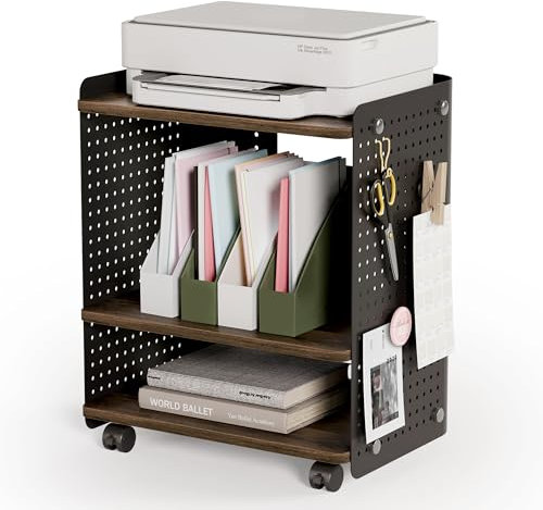 Fenge Druckertisch mit Rädern Mobiler Druckerhalter mit Pegboard 3 Ebene Druckerständer/Rollcontainer mit Organizer Regal Aktenschrank für Büro Zuhause 45,3x33,5x53,5cm (Braun+Schwarz)