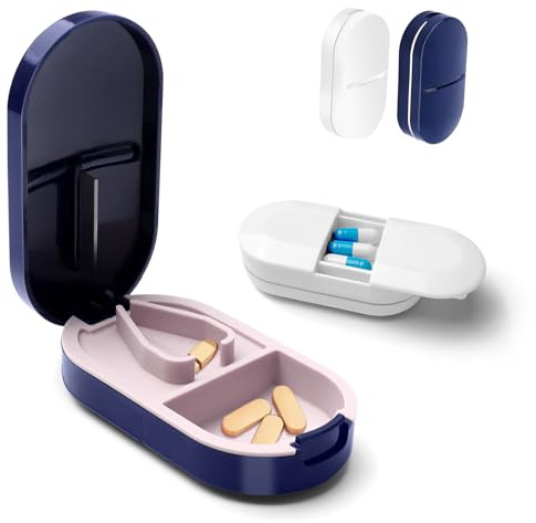 2 Stück Tablettenteiler, Reise Tragbarer Pillenteiler, Kleine 2-In-1 Tablettenschneider, Pillenschneider Mit Aufbewahrungsfach, Pill Cutter Mit Klinge für Vitamine Tabletten (Blau,Weiß)