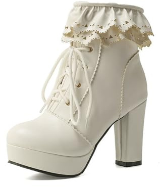 LMUIPMAA Chaussures Lolita Fête pour Femmes Talons Hauts Épais Bottines À Lacets en PU Fermeture Eclair Bottes Courtes À Plateforme,Blanc,43 EU