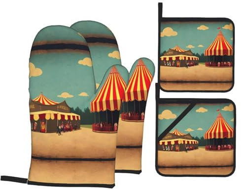YYHWHJDE Ofenhandschuhe und Topflappen im Vintage-Design mit Zirkushintergrund, 4er-Set: dick und langlebig, verbrühungssicher und wärmeisolierend