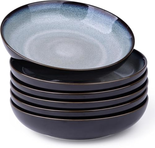 LeRatio Large Pasta Bowls 22cm, Stoneware Deep Plates Set of 6, Scratch Resistant Serving Bowl, Modern Soup Noodle Bowls, Microwave and Dishwasher Safe, Ocean Blue