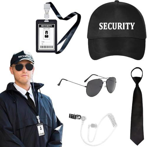 TOEECY 6 Pezzi Set Costume Agente Sicurezza Cappello Badge Occhiali Cravatta Auricolare Tesserino Professionale Guardia