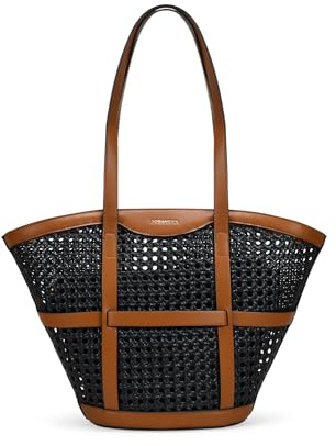 BOSANOVA Bolso de Hombro Tipo Shopper para Mujer con Rejilla de Mimbre, Detalles a Contraste y Bolsa Interior con Cremallera. Cierre con imán. Negro U