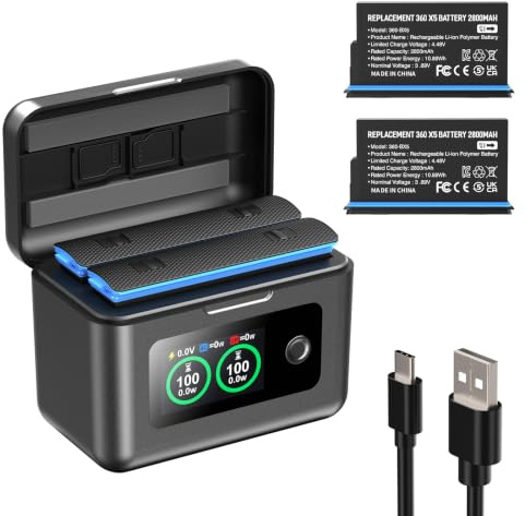2 Pack 2800mAh Battery with Charger for 360x5 Camera | Battery with 2 Slot USB Charger Accessory Compatible with Insta 360x5