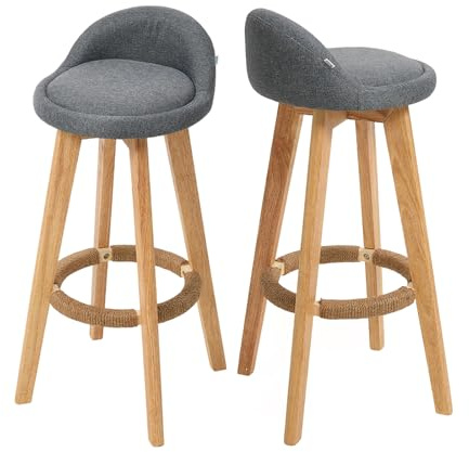 Warmiehomy Breakfast Bar Stools Set of 2, 360° Swivel, 73cm Seat Height | Linen Fabric Barstools with Low Backs and Solid Wooden Legs, Kitchen High Stools for Kitchen Counter, Pub, Bistro, Gre