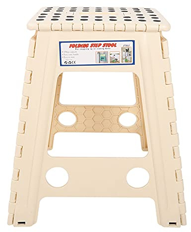 Folding Step Stool, Portable Plastic Stepping Stool Anti Slip Foldable Step Ladder with Carry Handle for Home Kitchen Bathroom Bedroom Garden Travel (Black dot beige (sample specification: cream)