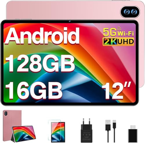 BIEGEDY Tablette 12 Pouces Écran 2K Octa-Core 2.0 GHz Android, Tablette Tactile 16Go RAM + 128Go ROM (Extension 512Go), 5G WiFi, Bluetooth 5.0, 8000 mAh, 5+13+2MP, Tablette avec Coque de Protection-Or