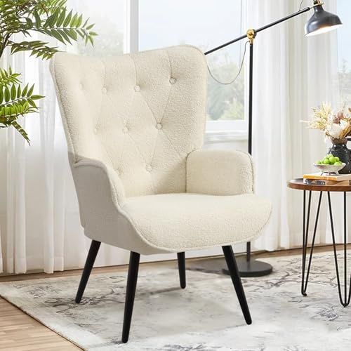 Ckaff Fauteuil Salon Relax, Fauteuil Scandinave Moelleux en Sherpa Boucé, Chaise Bouclette avec Accoudoirs & Dossier Ergonomique pour Salle à Manger, Salon, Chambre, Siege Bureau, Allaitement, Blanc