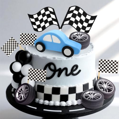 JeVenis Rennwagen Kuchendekorationen Karierte Flagge Kuchendekoration | Rennwagen Kuchendekorationen Karierte Flagge Kuchendekoration Auto Kuchendekoration Growing Up Two Fast Geburtstagsdekoration