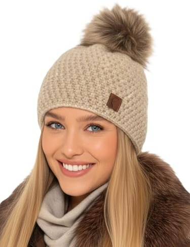 Baesics Bommelmütze Damen Herren - Glitzer Wintermütze Kunstfell Bommel | Mit flauschigem Pompon und weichem Fleecefutter, Größe ca. 54-58 cm, Strick aus der EU. Warm für Herbst, Winter und als