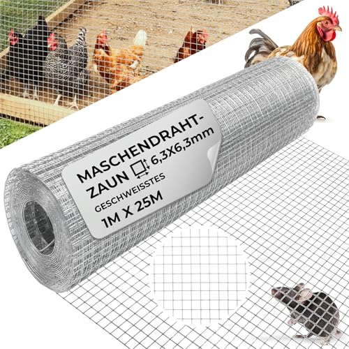 STREND PRO Maschendrahtzaun | Geschweißt - Verzinkt | 1m x 25m | 0,8 mm, 6,3x6,3mm | Kaninchendraht, Hasendraht, Volierendraht für Garten & Tierhaltung | Hasengitter, Hühnerzaun, Zaun