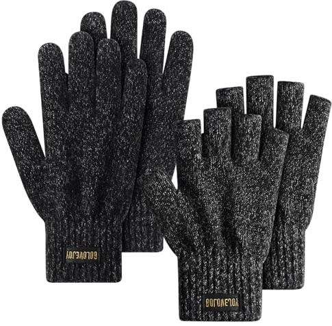 Varm ull stickade handskar-unisex halv- och full fingerhandske set, vinter varma stickade handskar för arbete löpning cykling körning, Grått, XL
