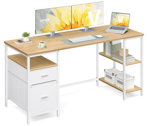 VASAGLE Scrivania per Computer, Tavolo da Ufficio, Scrivania con 3 Ripiani, 2 Cassetti, 160 x 60 x 76 cm, per Ufficio, Soggiorno, Stile Industriale, Rovere Naturale e Bianco Nuvola LWD105YD01