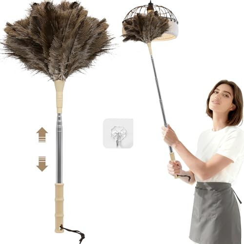 Plumero de Plumas de Avestruz, Plumero Telescópico Lavable con Mango Telescópico, Gancho, Cepillo para Ranuras, Extensible hasta 123 cm, Eliminador de Telarañas para Techos Altos Ventilador de Techo