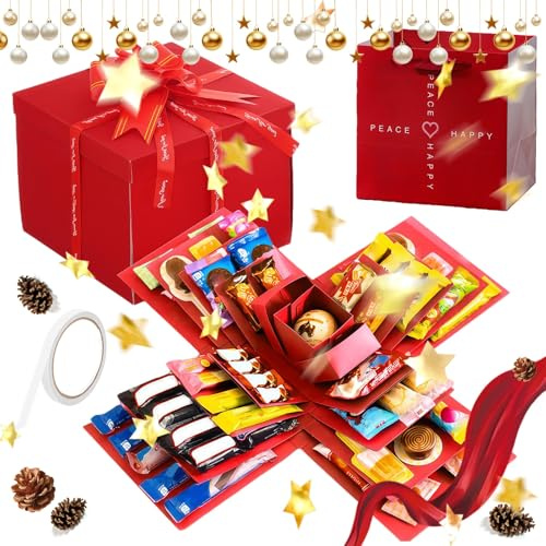 Explosionsbox Weihnachten, 5-Lagige Kreative Explosionsbox Geburtstag Klein, 2026 Neu DIY Überraschungsbox, für Weihnachten Geburtstag Jubiläum Valentinstag Hochzeitstag(Red)