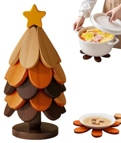 Untersetzer Holz SetFür Baumkunst,StapelbaresWeihnachtsbaum Topfuntersetzer | Mit 5 Faltbare Holzuntersetzer & 1 Ständer, Für Heiße Speisen, Pfannen, Schüsseln, Teekannen Und Teller