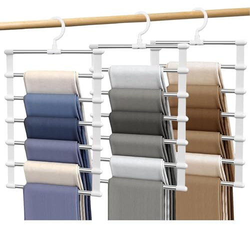DSXVJHD 3 Pack Trouser Hangers Space Saving, Multi-Layer Scarf Clothes Hangers, 360° Swivel Hooks Closet Organizer for Pants Jeans Skirts Scarves Towels Ties Belts Storage