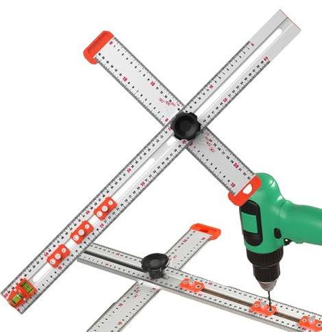 Aluminio 2-en-1 Taladro Posicionamiento Regla - Ajustable Multifuncional Escuadra T & Herramienta Gramîl Marcado | 64 cm Armario Herrajes Plantilla & Guía Trazado para Carpintería, Ingenieros