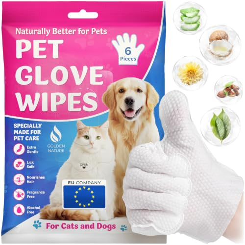 Golden Nature - Pet Wipes for Dogs + Cats - 6 Pcs - Disposable Glove Wipes for Washing, Bathing, Grooming - Waterless Cleaning for Paws, Fur, Face, Ears, Rear, Body - Embossed, Pre-Soaked, Lick-Safe