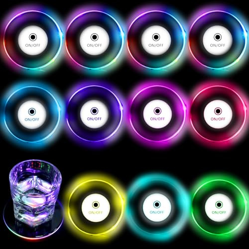 12 Stück Bunt LED Untersetzer, Leuchtende Untersetzer Ø 10 cm, 7 Farbe & 3 Beleuchtungsmodi, Acryl Rund wasserdichte Leuchtuntersetzer für Gläser Flaschen Party (Rund)