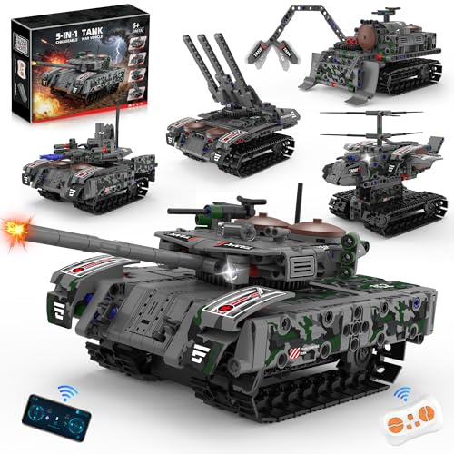 kiothdre 5-in-1 RC Panzer Klemmbausteine Set mit APP & Ferngesteuertes | STEM Bauspielzeug für Jungen ab 6-14 Jahre,Geburtstag Kinder,Ferngesteuertes WW2 Militärfahrzeug,Einfach zusammenzubauen