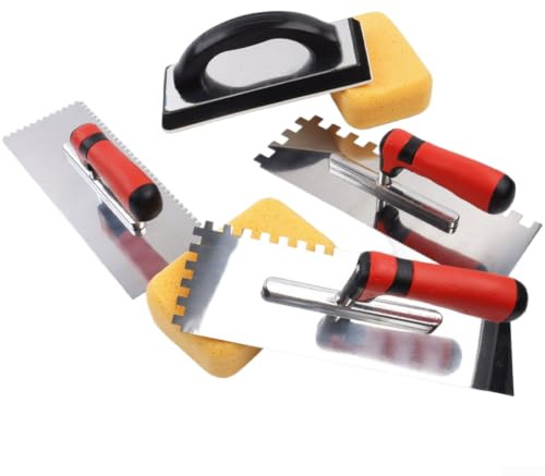 Minhe 6PCS Notched Trowel Set Stainless Steel Square Groove Spatula for Brick Laying for mortar Spreading Plastering Wall Floor Repair Tools Red Handle