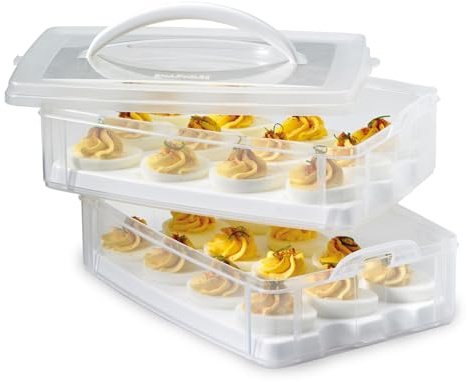 Snapware (2-Layer, 24 Eggs) Plastic Detachable Deviled Egg Carrier Storage Container With Lid and Handle, Freezer Dishwasher Microwave Safe
