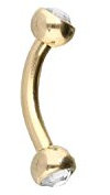 PIERCINGLINE Chirurgenstahl Banane ZWEI KRISTALLE Gebogener Piercing Stab Augenbraue Brust Intim Ohr goldfarben 1,2 x 6 x 3 mm