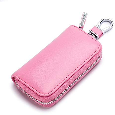 Genuine Leather Key Holder Bag with 2 Card Slots & 6 Hooks, Access Card Key Case Wallet for Men & Women (Pink)