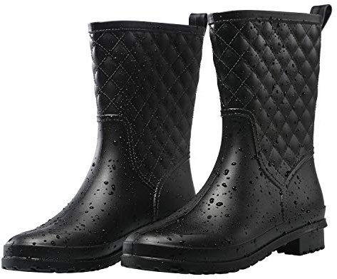 Petrass Women Rain Boots Black Waterproof Mid Calf Lightweight Cute Booties Fashion Out Work Comfortable Garden Shoes, Black 8.5