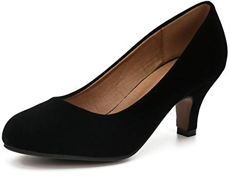 Women's Classic Round Toe Pumps, Mid Kitten Heel, Office Dress Shoes Velvet Black 38 - US 7
