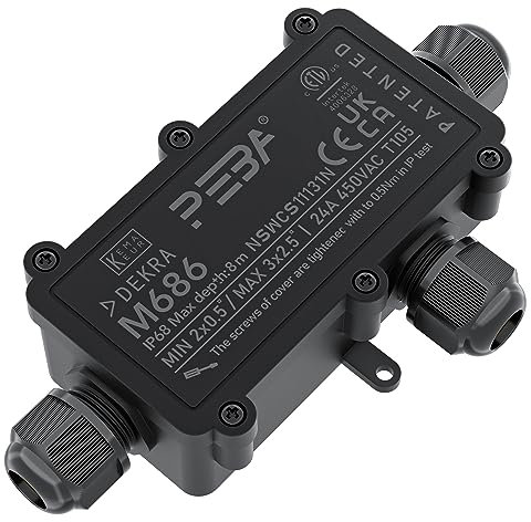 PEBA® IP68 Waterproof Junction Box, Waterproof Cable Connector Outdoor, 3-Way Outdoor Cable Connectors, Wire Connector, Extension Electrical Cable Protector for Cable Diameter Ø4mm-12mm Black(1 Pack)