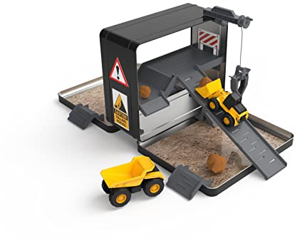 CAT Construction Toys, Store N Go Playset - Tin Travel Case Transforms into Multi-Level Worksite, Includes 2 Little Machines Vehicles & 10 + Accessories, Portable STEM Toy for Kids Ages 3 +