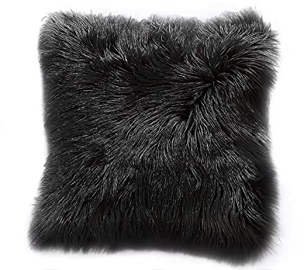 Teppich Wölkchen Fellkissen Kissenbezug mit Füllung - Sofakissen, Couchkissen, Kuschelkissen, Dekokissen - Couch Stuhl Sofa Wohnzimmer Schlafzimmer deko modern waschbar - Schwarz - 43x43cm