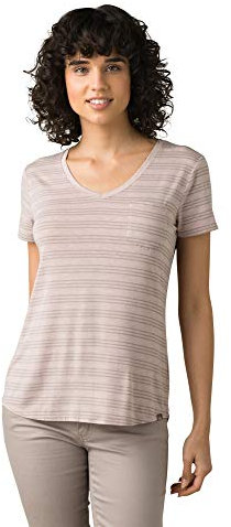 prAna Damen Foundation Kurzarm V-Ausschnitt T-Shirt Sparrow Heather Stripe, Größe M