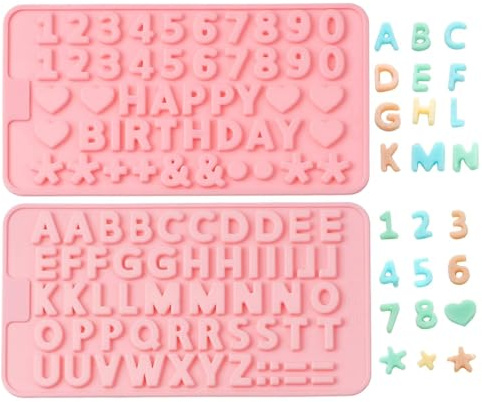 Verdental Kleine Silikon-Formen für Buchstaben und Zahlen, Set mit 2 Schokoladenformen, antihaftbeschichtet, gummiert, Happy Birthday, Kuchendekorationen, Eisformen mit 2 Pipetten (Pink)
