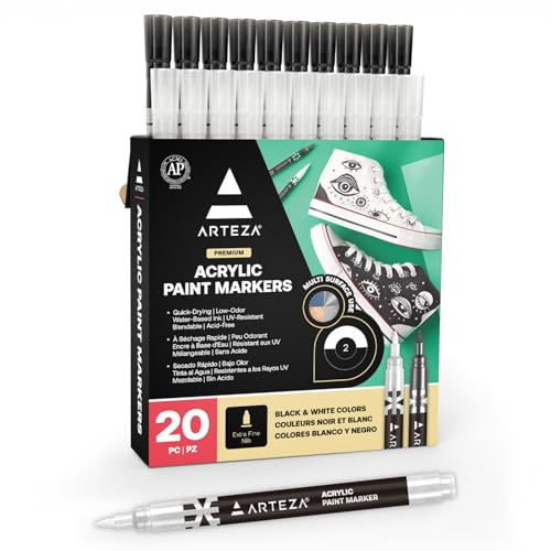 ARTEZA Acrylic Paint Markers, Set of 20 Black & White Acrylic Paint Pens, Art Markers for Glass, Pottery, Ceramic, Plastic, Rocks, and Canvas