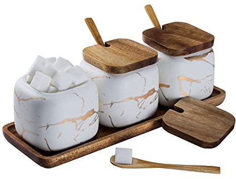 Set Zuccheriera in Ceramica, 3 pz Condimento Box con Coperchio e Cucchiaio e Vassoio, Jar, Scatola, Barattolo Utensili da Cucina Forniture per Spezie, Bianca