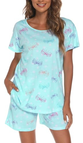 ENJOYNIGHT - Pijama corto para mujer, conjunto de dos piezas de algodón, camiseta de manga corta y pantalones cortos, ropa de dormir de verano, traje de casa, ropa de estar en casa, L