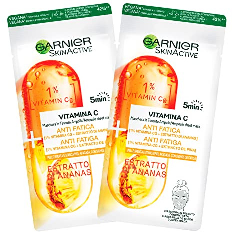 2 x Garnier SkinActive Vitamin C-Maske aus Stoff, konzentrierte Ampulle, Anti-Müdigkeit und Antioxidans, mit Ananas-Extrakt, 2 Einwegmasken