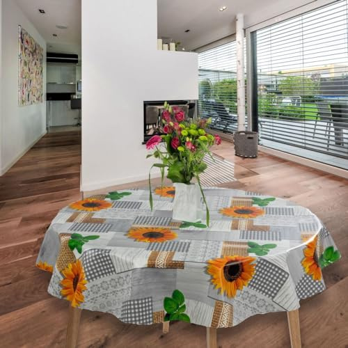 laro runde 140 cm wachstuchtischdecke wachstischdecke abwashbar PVC tischdecke Wachstuch wasserabweisend Garten tischdecke, Muster:Sonnenblumen Gelb Grau