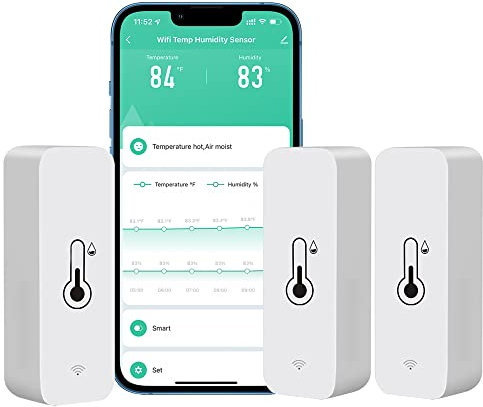 PHOVOLT Sensore termometro igrometro WiFi per casa, sensore wireless per interni ed esterni, sensore di umidità di temperatura con avviso di notifica app remota, funziona con l'app Tuya