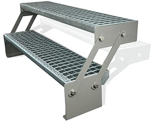 Kaminbau Mierzwa Premium Stahl Treppe Verstellbar Verzinkt & Silber Pulverbeschichtet 2 Stufen (Breite 60 cm) (Höhe 30-43 cm) Wetterfest Gitterroststufe Gartentreppe