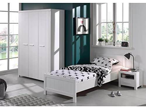 Lomadox Bett Jugendzimmer inkl. Nachtkonsole und Kleiderschrank in weiß lackier