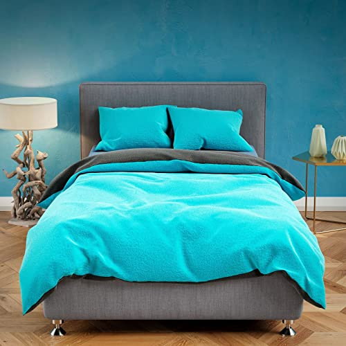Leonado Vicenti Teddy Plüsch Bettwäsche 155x200 + 80x80 cm Warme Winter Uni Wende Garnitur Set Cashmere Touch Anthrazit Petrol Türkis