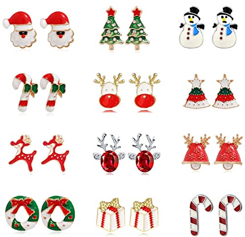 12 Paar Weihnachtsohrringe für Kinder, Damen und Mädchen - Set Mit Weihnachtsbaum, Jingle und Rentier Motiven - Christmas Earrings