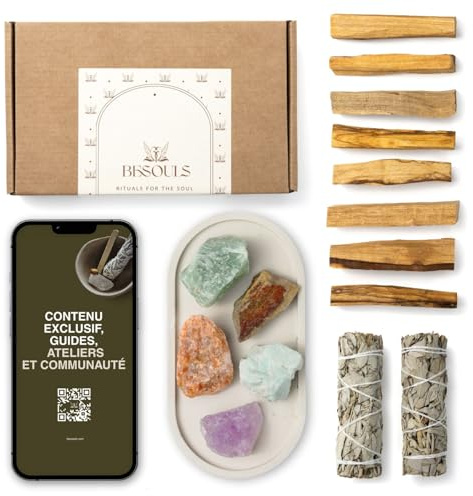 BESOULS Premium Räucherset Hausreinigung: Verwirkliche Deine Träume mit 8 Palo Santo, 2 Weißer Salbei, 5 Magischen Steinen, Handgefertigtem Tablett, QR mit digitalem Inhalt (Träume Werden Wahr)